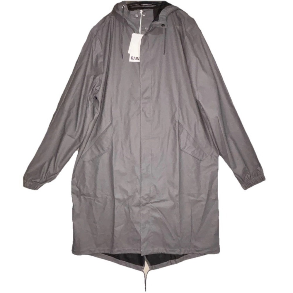 Rains Fishtail Parka Raincoat Unisex 2XL Slate Gray Hooded Waterproof Back Yoke